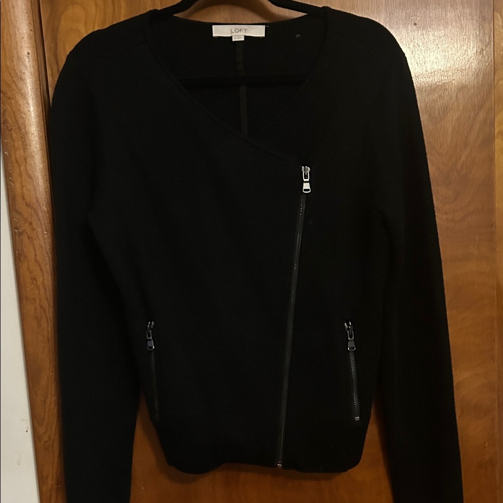 LOFT Black V-Neck Sweater with Zipper Detail
